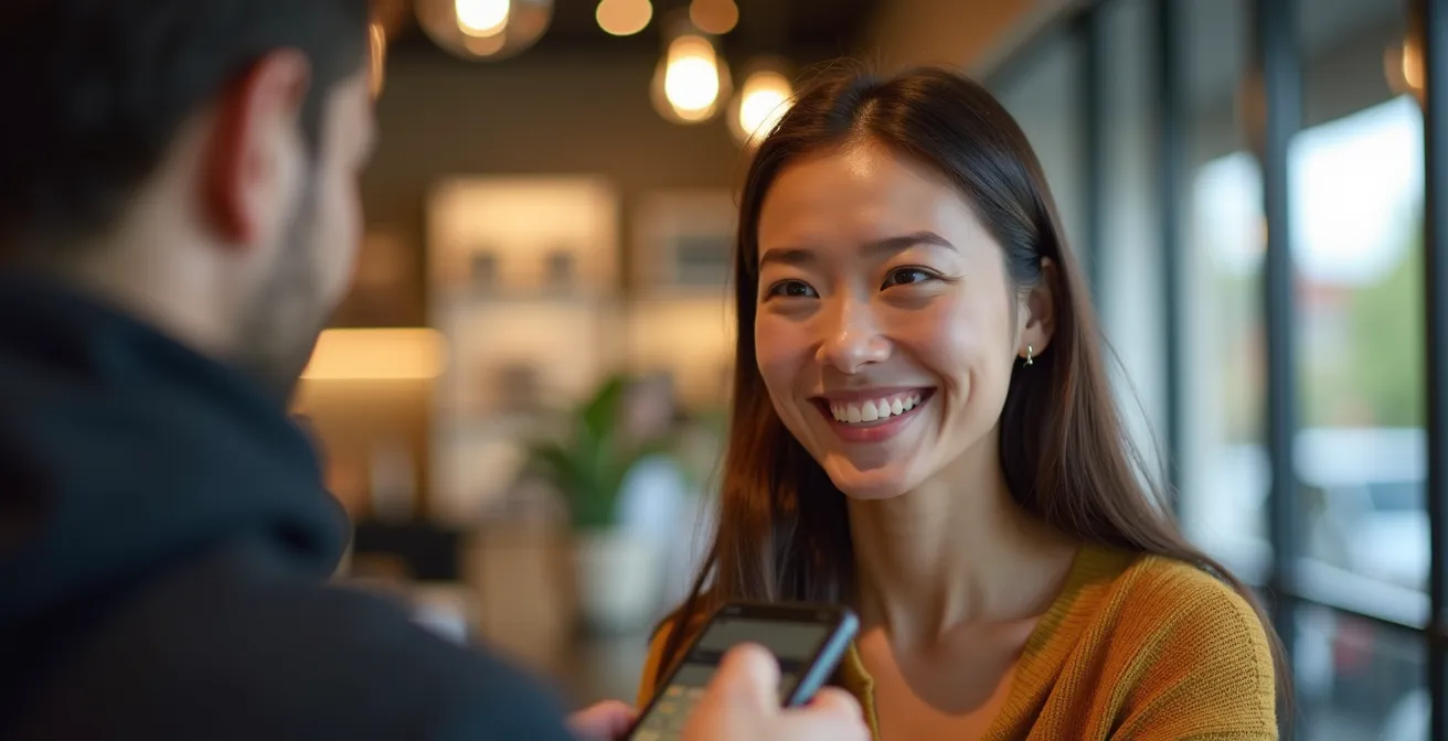 Visage souriant d'une cliente lors d'un paiement fluide