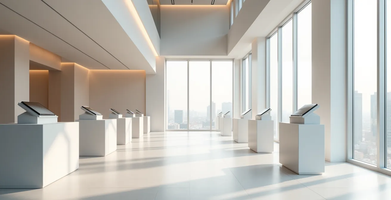 Vue architecturale d'un espace commercial moderne avec lignes épurées