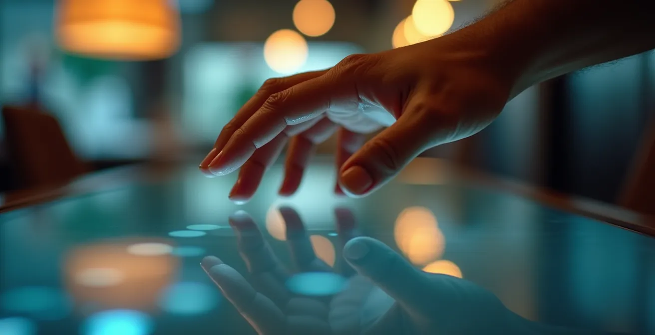 Main interagissant avec une surface tactile moderne dans un environnement commercial épuré